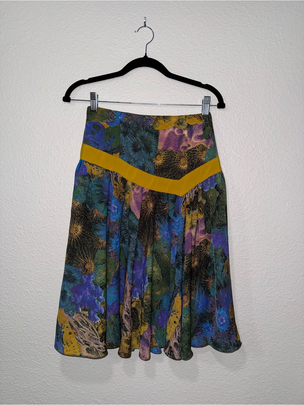 Vintage Coral Patterned Flowy Skirt with A-Symmetrical Mustard Waistband